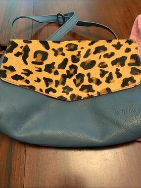 Soruka Teal Shoulder Bag with Leopard-Print Flap